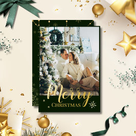 Tarjeta Festiva Con Relieve Metalizado Gold Foil Merry Christmas Script Green Photo
