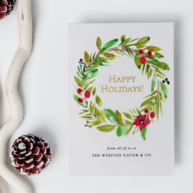 Tarjeta Festiva Con Relieve Metalizado Gold Happy Holidays Navidades acuarela Wreath (Real gold foil happy holidays modern watercolor wreath business christmas card.)