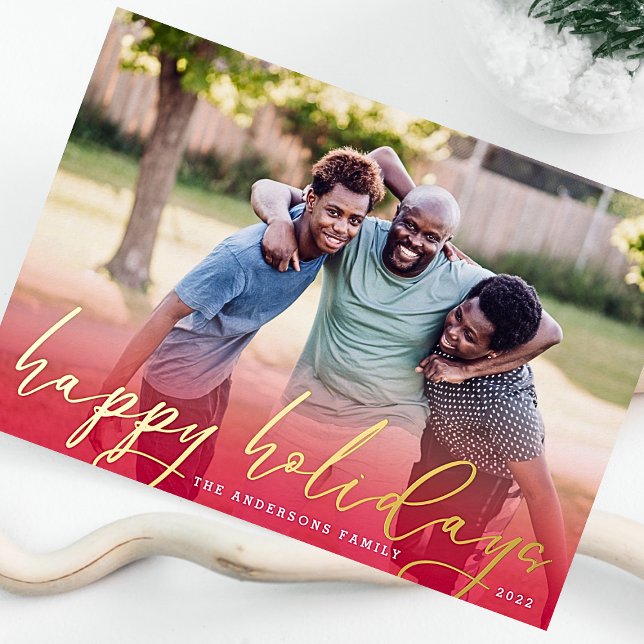 Tarjeta Festiva Con Relieve Metalizado GOLD Happy Holidays Red Gradient Navidad Photo (Subido por el creador)