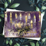 Tarjeta Festiva Con Relieve Metalizado Gold Menorah Happy Hanukkah Purple<br><div class="desc">Gold Menorah Happy Hanukkah</div>