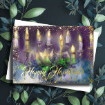 Tarjeta Festiva Con Relieve Metalizado Gold Menorah Happy Hanukkah Purple Blue<br><div class="desc">Gold Menorah Happy Hanukkah</div>