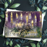 Tarjeta Festiva Con Relieve Metalizado Gold Menorah Happy Hanukkah Purple Green<br><div class="desc">Gold Menorah Happy Hanukkah</div>
