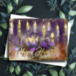 Tarjeta Festiva Con Relieve Metalizado Gold Menorah Happy Hanukkah Purple Peach<br><div class="desc">Gold Menorah Happy Hanukkah</div>
