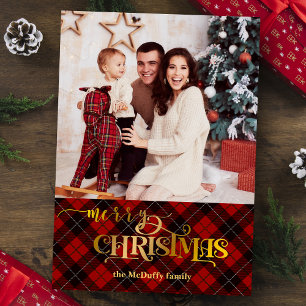 Tarjeta Festiva Con Relieve Metalizado Gold Merry Christmas on Red Tartan Photo