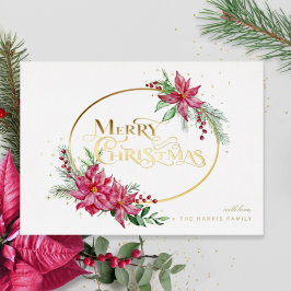 Tarjeta Festiva Con Relieve Metalizado Gold Merry Christmas Text con Poinsettias y Pine