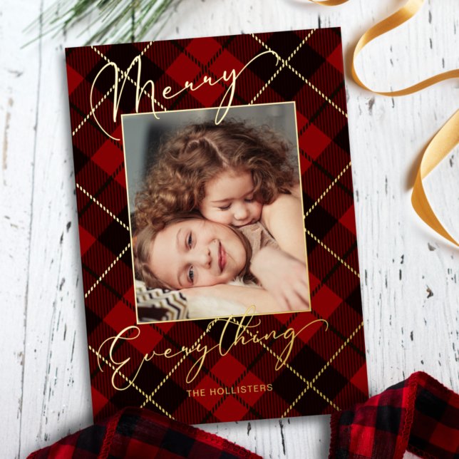 Tarjeta Festiva Con Relieve Metalizado Gold Merry Everything Calligraphy Red Plough Photo (Subido por el creador)