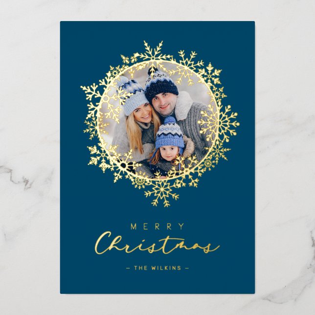 Tarjeta Festiva Con Relieve Metalizado Gold Snowflakes Merry Christmas Round Family Photo (Anverso)