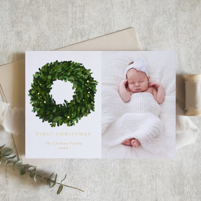 Tarjeta Festiva Con Relieve Metalizado Gouache Boxwood Wreath First Baby Navidad Photo (Subido por el creador)