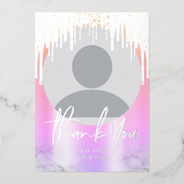 Tarjeta Festiva Con Relieve Metalizado Gracias Purpurina Holográfico Plateado Foto (Anverso)