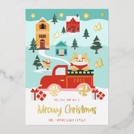 Tarjeta Festiva Con Relieve Metalizado Graciosa escena de Meowy Cat & Red Truck Winter To