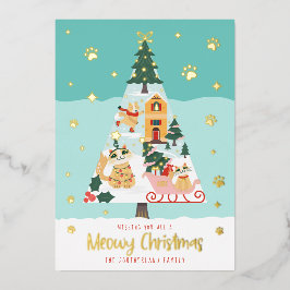 Tarjeta Festiva Con Relieve Metalizado Graciosa Meowy Cats Árbol de Navidad Snowy Winter 