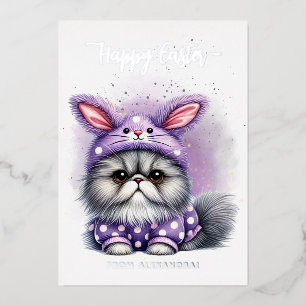 Tarjeta Festiva Con Relieve Metalizado Gracioso lindo Kitty Bunny Costume Morado Feliz Pa