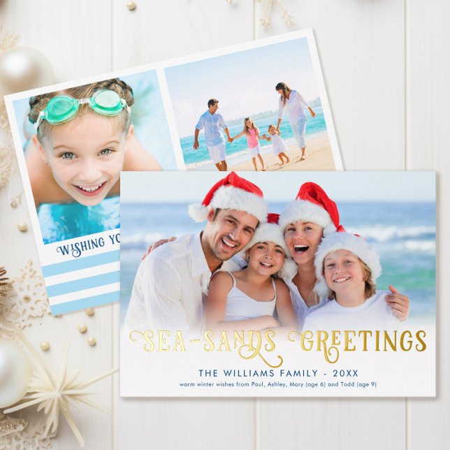 Tarjeta Festiva Con Relieve Metalizado Graciosos saludos de temporada de Navidades coster (This funny coastal Christmas card has gold foil on the front and says "Sea Sands Greetings")