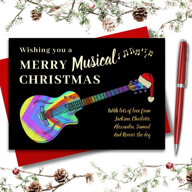 Tarjeta Festiva Con Relieve Metalizado Graffiti Guitarra Navidades oro personalizado (Merry musical christmas guitar gold foil custom greetings card)