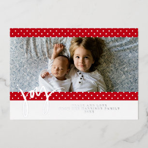 Tarjeta Festiva Con Relieve Metalizado Granja de lunares roja y blanca Foto de Navidad