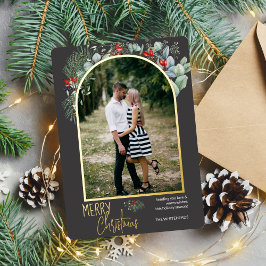 Tarjeta Festiva Con Relieve Metalizado Green Arch Merry Christmas Photo Dark Gray