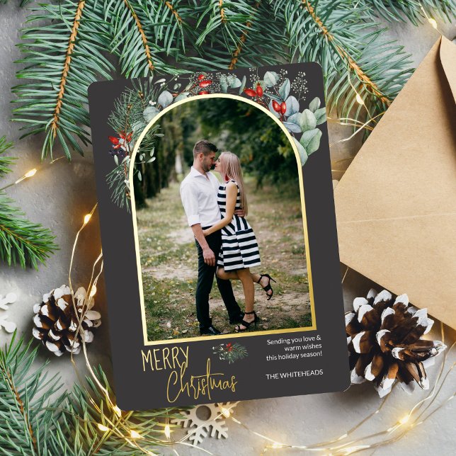 Tarjeta Festiva Con Relieve Metalizado Green Arch Merry Christmas Photo Dark Gray (You will love these beautiful Christmas cards! They feature botanical watercolor pine and berries.)