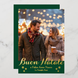 Tarjeta Festiva Con Relieve Metalizado Green Buon Natale e Felice Anno Nuovo Script Photo