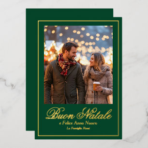 Tarjeta Festiva Con Relieve Metalizado Green Buon Natale e Felice Anno Nuovo Script Photo