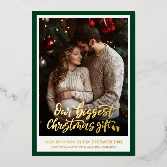 Tarjeta Festiva Con Relieve Metalizado Green Christmas Gift Pregnancy Announcement Photo (Anverso)