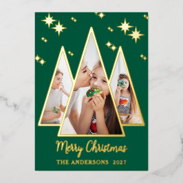 Tarjeta Festiva Con Relieve Metalizado Green Christmas Tree Bold Gold Holiday Photo Card