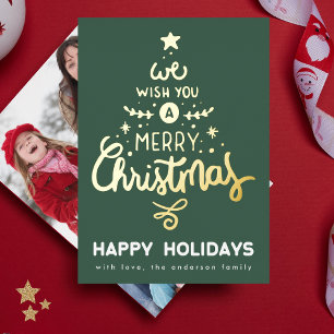 Tarjeta Festiva Con Relieve Metalizado Green Fun Gold Te deseamos un dulce árbol de Navid