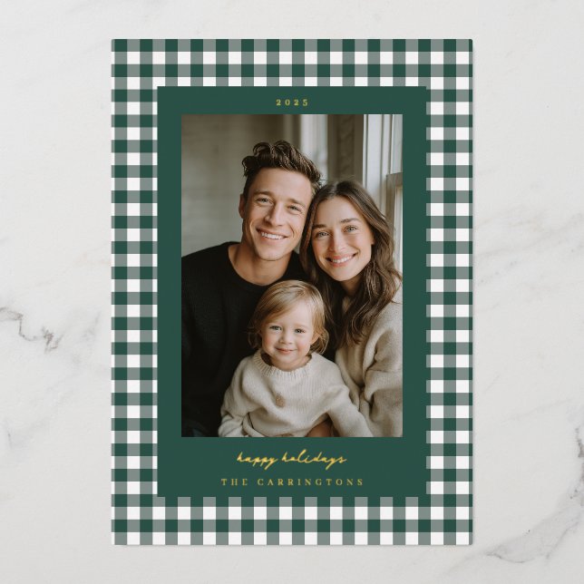 Tarjeta Festiva Con Relieve Metalizado Green Gingham Holiday Photo Card (Anverso)