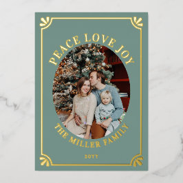 Tarjeta Festiva Con Relieve Metalizado Green & Gold Peace Love Joy Oval Photo Christmas