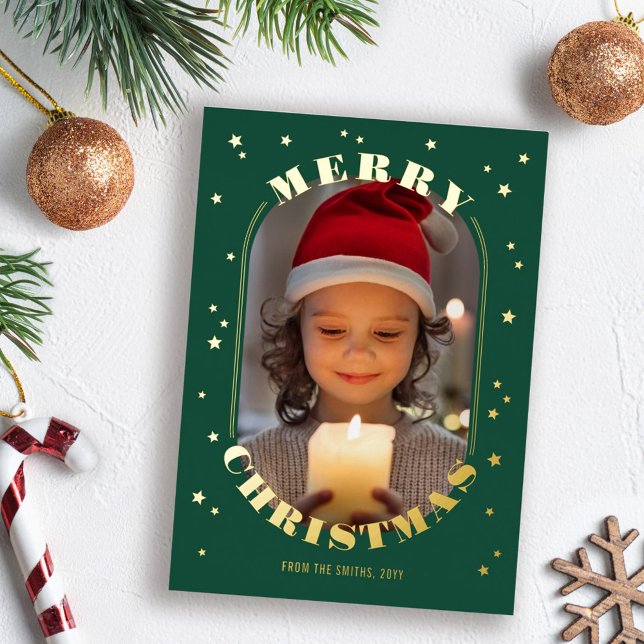 Tarjeta Festiva Con Relieve Metalizado Green Gold Stars Oblong Photo Merry Christmas (Subido por el creador)
