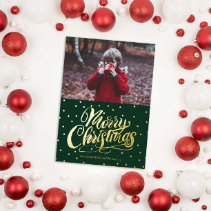 Tarjeta Festiva Con Relieve Metalizado Green Hand Lettered Merry Christmas 