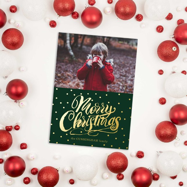 Tarjeta Festiva Con Relieve Metalizado Green Hand Lettered Merry Christmas  (Stylish Hand Lettered Merry Christmas Photo Holiday Card surrounded by red & white holiday ornaments)