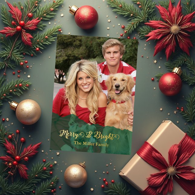 Tarjeta Festiva Con Relieve Metalizado green Merry & Bright Christmas family Photo gold (Subido por el creador)