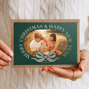 Tarjeta Festiva Con Relieve Metalizado Green Merry Christmas Bow Bronze Relieve metalizad
