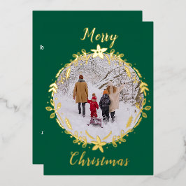 Tarjeta Festiva Con Relieve Metalizado Green Merry Christmas Photo Wreath One Photo