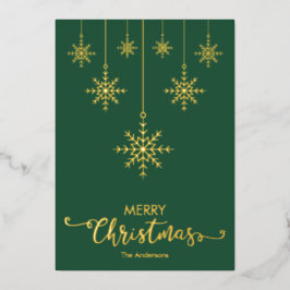 Tarjeta Festiva Con Relieve Metalizado Green Merry Christmas Snflakes Gold