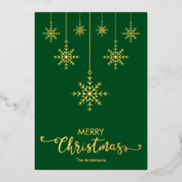 Tarjeta Festiva Con Relieve Metalizado Green Merry Christmas Snflakes Gold