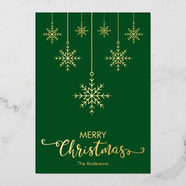 Tarjeta Festiva Con Relieve Metalizado Green Merry Christmas Snflakes Gold (Anverso)