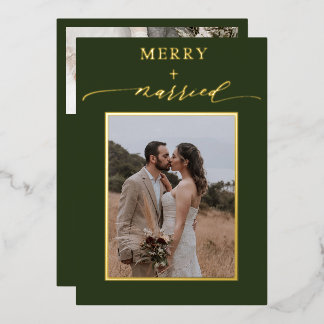 Tarjeta Festiva Con Relieve Metalizado Green Merry Newlyweds 2 Photos Wedding Christmas