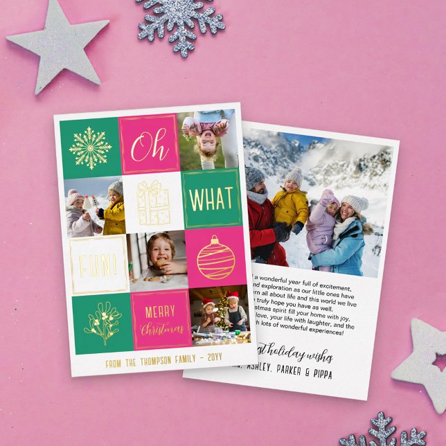 Tarjeta Festiva Con Relieve Metalizado Green Oh What Fun Navidades Collage Snapshots Gold (Subido por el creador)