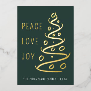 Tarjeta Festiva Con Relieve Metalizado Green Peace Love Joy Tree Holiday Gold