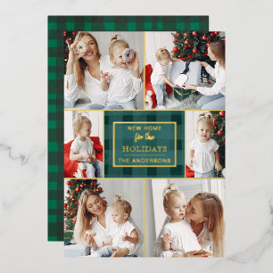 Tarjeta Festiva Con Relieve Metalizado Green Plaid New Home for Holidays