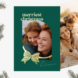 Tarjeta Festiva Con Relieve Metalizado Green Traditional Tied With Gold Bow Photo