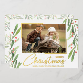 Tarjeta Festiva Con Relieve Metalizado Greenery and Berries Christmas Photo