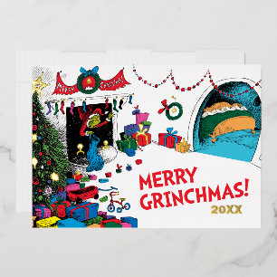Tarjeta Festiva Con Relieve Metalizado Grinch Clásico Grinch en Chimenea