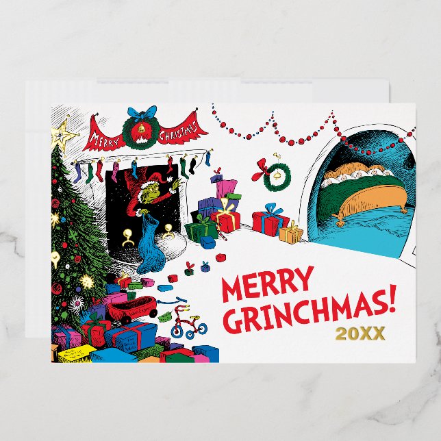 Tarjeta Festiva Con Relieve Metalizado Grinch clásico | Grinch en Chimney (Sobre)