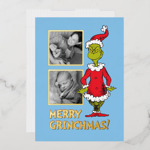 Tarjeta Festiva Con Relieve Metalizado Grinch clásico   Santa Claus