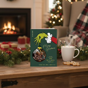 Tarjeta Festiva Con Relieve Metalizado Grinch Feliz Grinchmas Foto Familiar Navidad