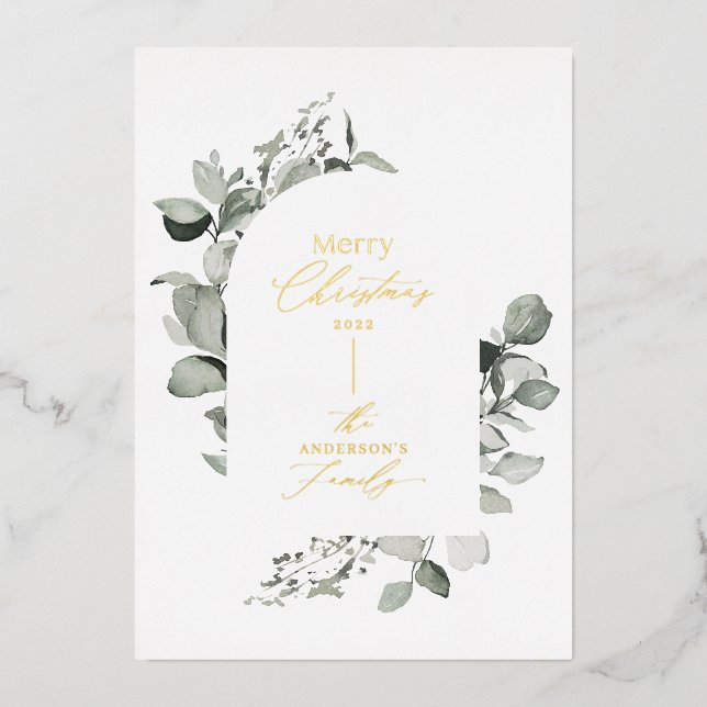 Tarjeta Festiva Con Relieve Metalizado Gris botánico elegante y moderno (Anverso)