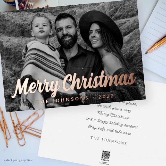 Tarjeta Festiva Con Relieve Metalizado Guión Cursivo Simple Moderno Saludo Foto Familiar (Subido por el creador)