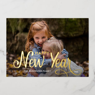 Tarjeta Festiva Con Relieve Metalizado Guión de 3 fotos de Feliz Año Nuevo moderno y eleg
